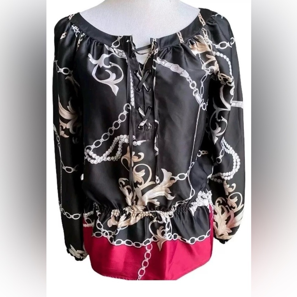 White House Black Market Black and Cream Blouse